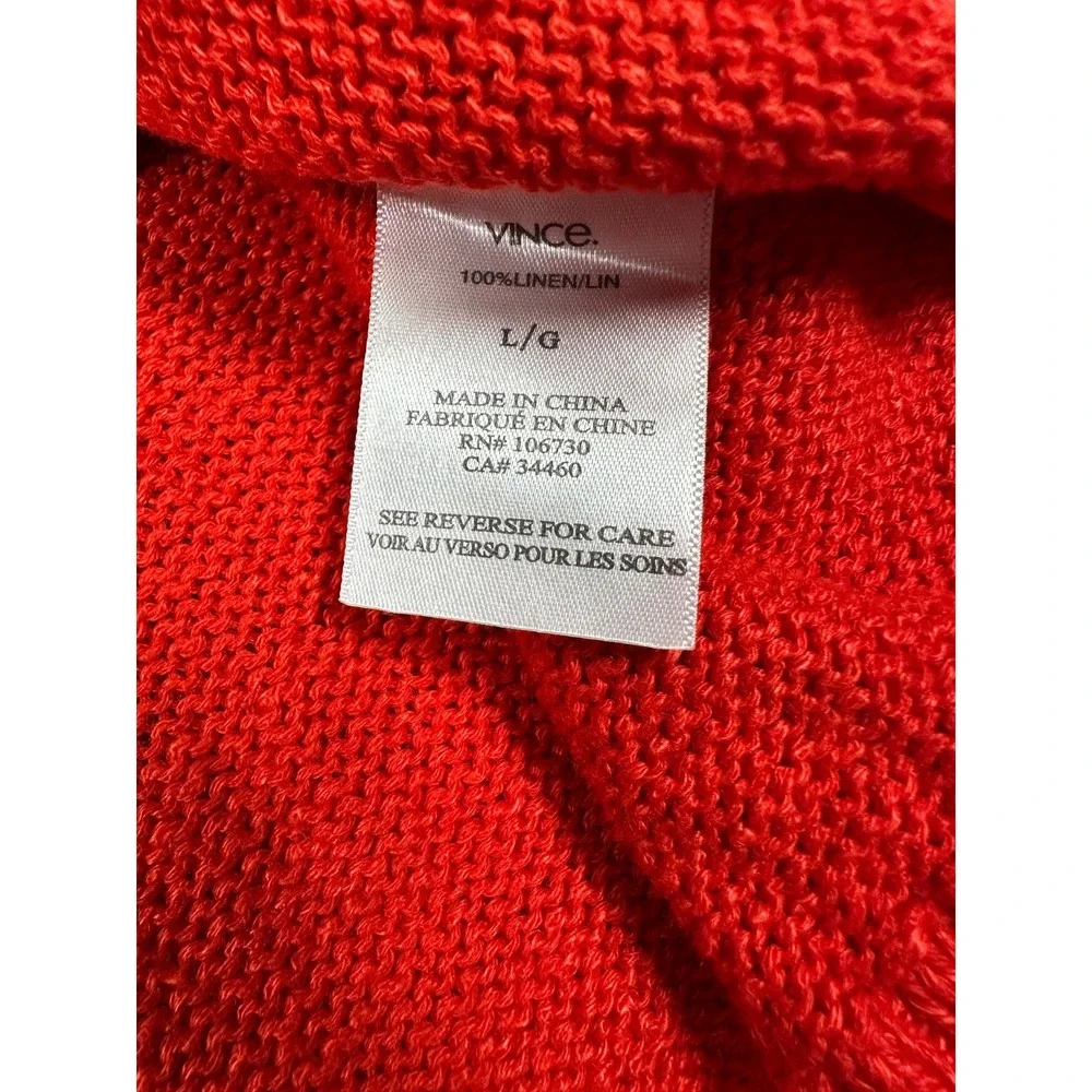 Vince 100% Linen V-Neck Sweater Mens L Red Orange Quiet Luxury Summer Knit